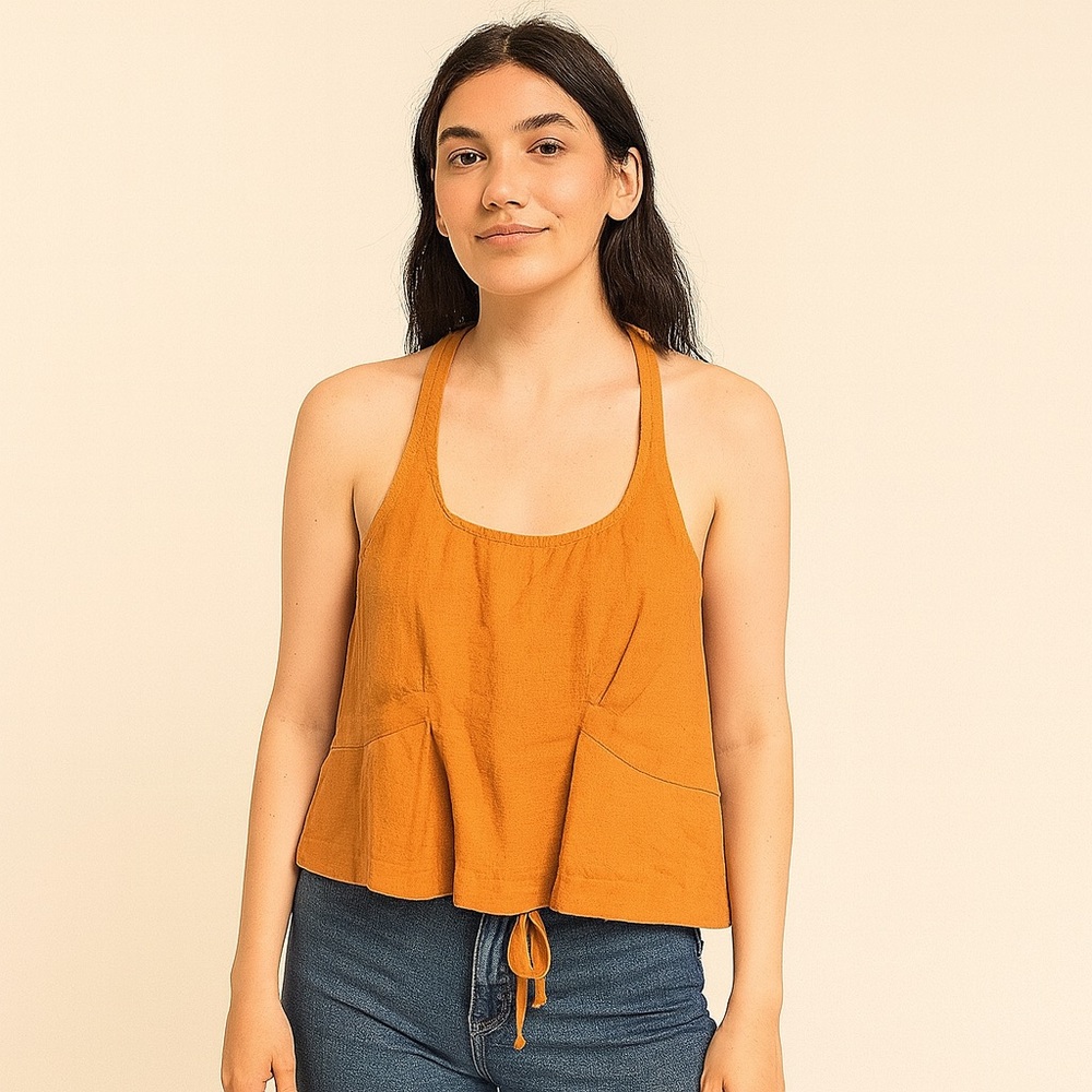 🧡 Boho Linen Halter Top | Burnt Orange Tie-Back Festival Tank (Size S)